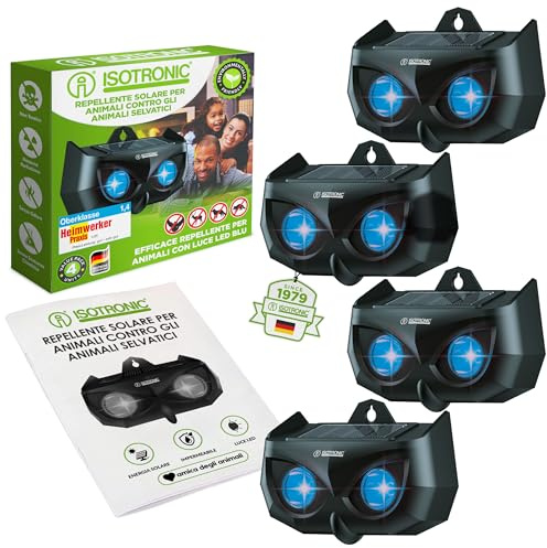 ISOTRONIC Repellente Solare Animali Selvatici LED Blu (4 Pezzi), Dissuasore per Procioni Cervi Volpi Cinghiali, Raggio d'azione 40m², Deterrente Efficace Esterno e Giardino Senza Veleni