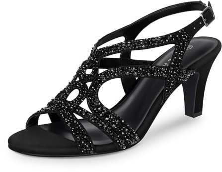 PIZZ ANNU Amelia Sandali Donna Estive Eleganti Comode Glitter Strass Sandalo Slingback Scarpe con Tacco Punta Aperta Kitten per Cerimonia Sposa Nero EU 39