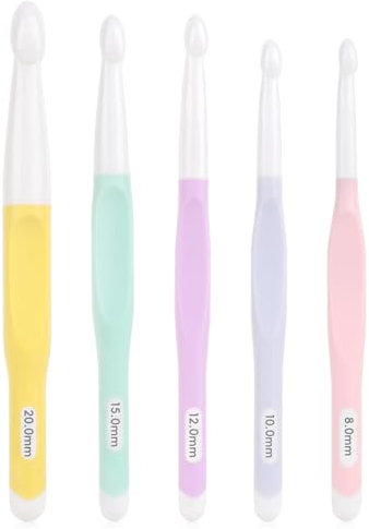 Aeelike 5 Stück Große Größen Häkelnadeln Set 8 mm - 20 mm Chunky Häkelnadeln für Anfänger Profis, Macaron-Farben Inline Häkelnadel Set mit TPR Weichgriff für Decken, Schals, Große Häkelprojekte