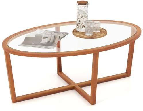 COSTWAY Mesa de Centro de Vidrio, Mesa de Café Ovalada Moderna con Base Cruzada y Patas de Madera de Acacia, Mesita de Acento Minimalista para Apartamento Oficina, Capacidad de 50 kg