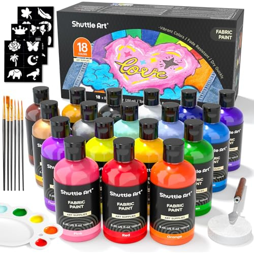 Shuttle Art Fabric Paint Permanent for Clothes, 18 Colours Fabric Paint Set | 250ml/8.45oz, with Brushes, Palette, Stencils, Non-Toxic Waterproof Textile Paints for T-Shirt, Shoes, Jeans