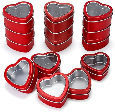 Goodma 14-Pack 2oz Heart Shaped Metal Tins with Clear Window, Red