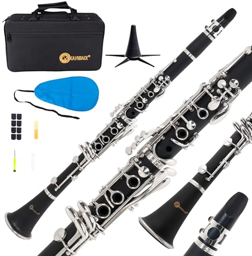 Eavnbaek Bb Clarinet for Beginners, Bb Nickel-plated 17 Keys Clarinet for Students, Professionals and School Bands, with Hard Foam Case Barrels*2 Pads*8 Stand Cleaning Kit and White Gloves (Black)