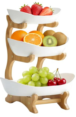 MFUSUL Frutero 3 Pisos, Fruteros de Cocina con Pararse Bambú, Fruteros de Cocina Modernos para Verduras, Aperitivo, Blanco