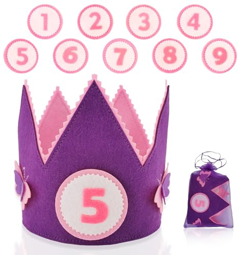 Corona Cumpleaños y Fiestas Infantiles Niños Niñas | Gorros Cumpleaños Infantiles + Números Intercambiables del 1 al 9 + Bolsa de Malla para Corona y Números | Detalles Cumpleaños Niños Niñas(Violeta)