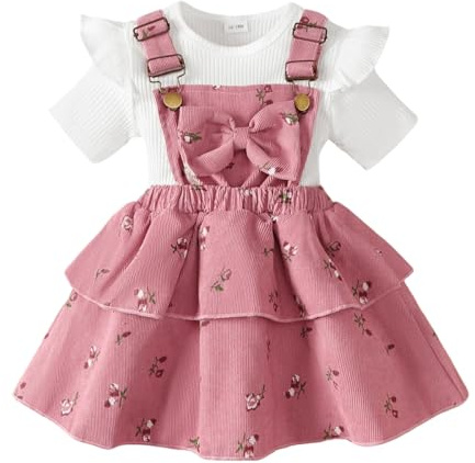 UUAISSO Vestiti per Bambine Maniche Lunghe Maglia a Coste Fiocco Velluto a Coste Gonna con Bretelle Abiti fiori rosa 3-4 anni