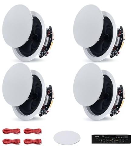 VEVOR Enceinte Encastrable Plafond Bluetooth 165,1 mm Enceintes de Plafond 4 PCS pour Intérieur Humide, Home Cinéma, Salon, Porche Couvert, avec Amplificateur, 2 Voies à Montage Affleurant Filaire