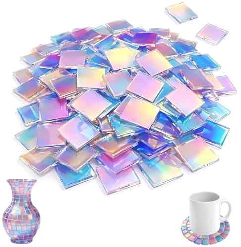 Yuragim 100 piedras de mosaico acrílicas para manualidades, 2 x 2 cm, mosaicos cuadrados iridiscentes, mini piedras holográficas para bricolaje creativo, marcos de fotos, macetas, posavasos
