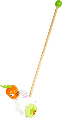 Small Foot 10574 Schiebetier Hase aus Holz mit langem Holzstab für einfaches Schieben und Halten, Bunte Räder bringen das Häschen mit drehender Möhre voran