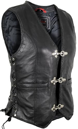 MDM Chaleco de cuero de cordero para mujer – Negro, Slim Fit, sin mangas, estilo biker (FR/ES, Letras, XL, Regular, Regular, Negro)