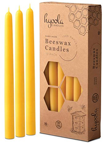 Hyoola 10 Inch Beeswax Taper Candles - 12 Pack - Handmade, All Natural, 100% Pure Unscented Bee Wax Candle - Tall, Decorative, Golden Yellow - 10 Hour Burn Time