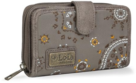 Lois - Cartera Estampada con Bordados para Mujer con Motivos Mandala Fabricada en Lona y Cuero PU con Cierre Cremallera y Botón 304414, Color Marrón