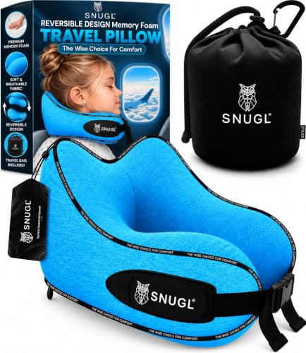 SNUGL Travel Pillow – Memory Foam Neck Pillow for Travel – Support Cushion for Airplane with Carry Bag & Clip - Holiday Essentials for Kids (Coral Blue - Kids)