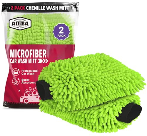 AIDEA Car Wash Mitt Microfiber, 2PK Scratch Free Lint-Free, Premium Chenille Microfiber Mitt Car Wash Brush, Green, Regular Size 7.12''X10.14''