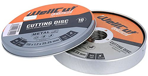WELLCUT 10-Piece Set Metal Cut Off Wheels Extreme 115mm x 1.2mm x 22mm Stainless Steel Cutting Disc in Metal Case for Makita, Dewalt, Bosch & Milwaukee Angle Grinders