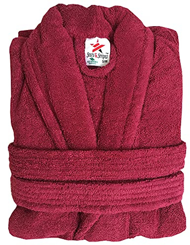Stars and Stripes Organic Ecological Sustainable Burgundy Maroon Cotton Terry Towel Plain Bathrobe (L/XL)