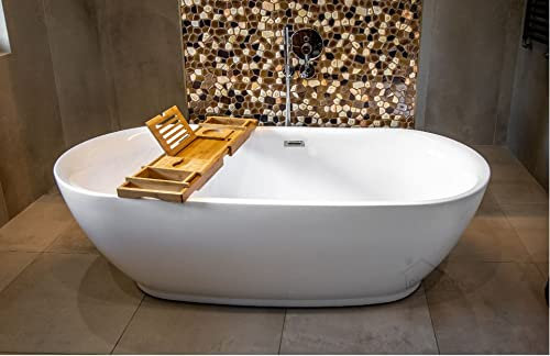 ECOLAM Baignoire autoportante en acrylique Adele 152x75cm + étagère en Bambou + siphon Click clack Baignoire îlot