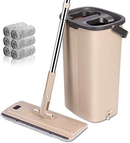 ZNM Serpillière Seau Essoreur, Balai Serpillère Essoreur avec Seau with Manche Réglable 134cm, Balai Serpillère Plat avec 6 Tampons en Microfibre Lavables pour Sols Bois, Stratifié, Carrelage, Marbre