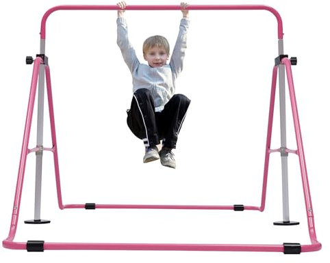 WOQLIBE Turnreck Gymnastik för barn, trädgård, däck, räcksystem, gymnastikstänger, horisontell träningsbar, träningsutrustning, utomhus, fitness, justerbar höjd 85–129,5 cm (rosa)