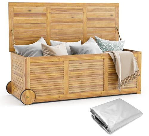 HOMASIS Auflagenbox 182L mit Rollen, Gartenbox aus Akazienholz, Kissenbox mit wasserdichte Innentasche, Gartenbox Gartentruhe mit Griff, Auflagentruhe 150 kg belastbar, Aufbewahrungstruhe Kissentruhe