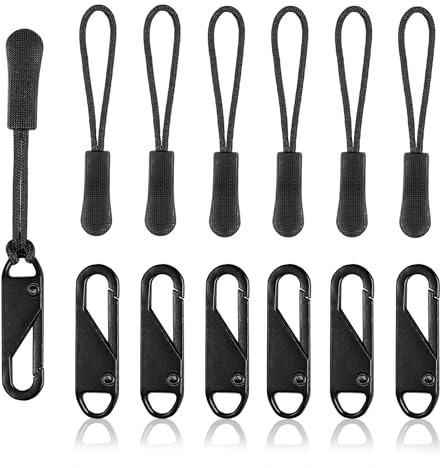 Tyqour 12pcs Zip Pulls, Universal Zipper Pulls Replacement, Paracord Zipper Pull, Zip Puller, Zipper Pull Tab for Jackets, Luggage, Backpacks, Purses, Boots, Pants(2 Styles, Black)