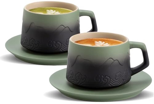 ZENS Cappuccino Cups with Saucers Set of 2, 240 ml Artistic Embossed Ceramic Cappuccino Mug for Au Lait, Gradient Moss Green Cappuccino Coffee Cups for Latte Art, Cafe Mocha or Tea, Baristas Gifts
