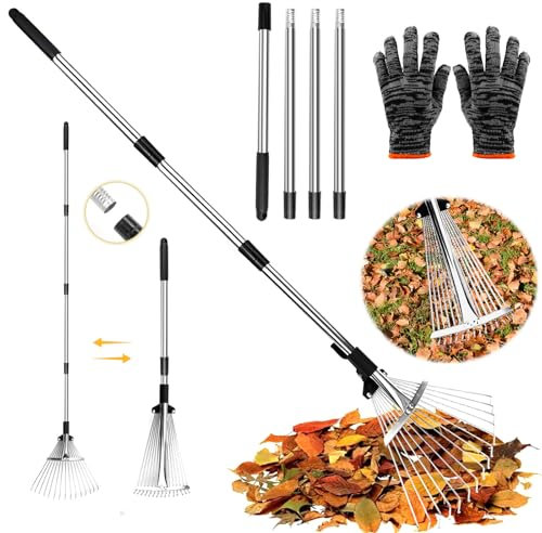 WPPQWP Rastrillo de césped con Mango, Metal, rastrillo de jardín, Escoba Abanico Ajustable, 15 Dientes, Ancho Ajustable (19-37 cm), Longitud Ajustable (44,5-207 cm)