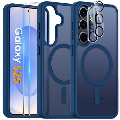 COPIKE Coque Magnétique pour Samsung Galaxy S25 avec 2 Pièces Verre Trempé et 2 Caméra Protecteur, Étui MagSafe Arrière Translucide Mat Givrée Anti-Empreintes Antichoc Housse, Bleu