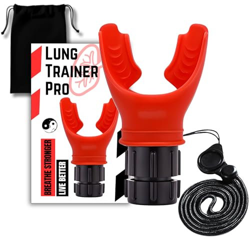 Lung Trainer Pro, Resistance Breathing Exerciser, Adjustable Respiratory Training Device for Athletes & Fitness, Portable & Easy to Clean with Neck Strap & Carry Pouch - Nitro Red