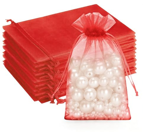 G2PLUS Red Organza Gift Pouches, 13x18 CM Large Organza Favour Bags, 50 PCS Wedding Jewelry Bags, Clear Mesh Pouches Perfect for Wedding, Christmas, Birthday, Anniversary
