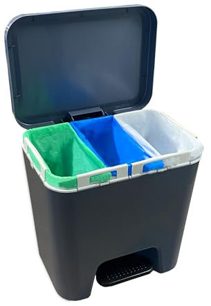 Denox Cubo de reciclaje 45L Sin Separadores Interiores con Sistema Clickbag para hasta 3 bolsas y Dos modos de apertura. Color antracita con Diseño compacto y Fácil Reciclaje