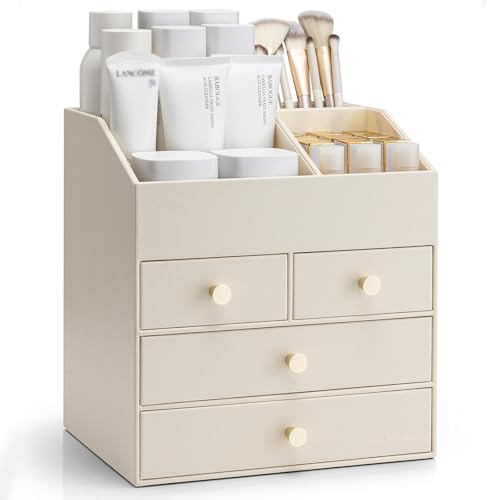 VLANDO Organizador maquillaje con 4 cajones, organizador de tocador, organizador de cosméticos, organizador de maquillaje para baño, vestidor, skincare, beige