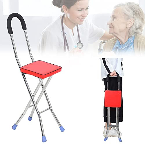 MJMLUCK Bastoni Pieghevoli con Sedia a stampelle, capacità di 330 libbre, Sedia a 4 Gambe in Acciaio Inossidabile Resistente, Bastone con Seduta Antiscivolo, Bastone da Passeggio Leggero per Anziani
