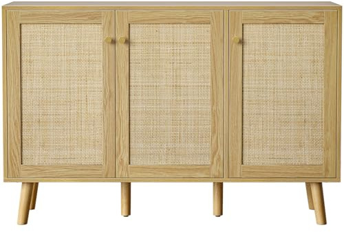 Skokliz Buffet Salon Meuble de Rangement avec placards à Portes en cannage et Étagères Réglables, Meuble de Cuisine avec 3 Portes pour Salon, Salle à Manger, 40 x 120 x 82 cm