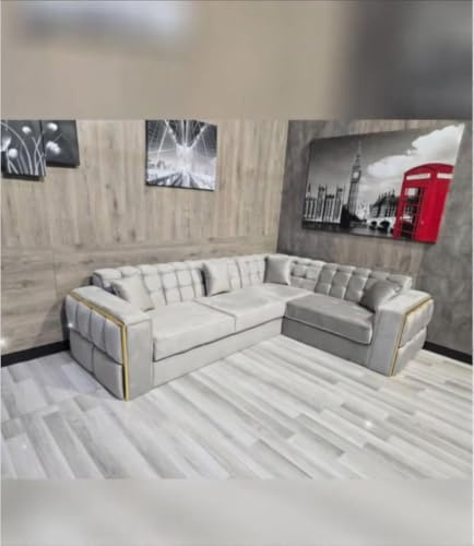 ark future Modern L-Shaped Sectional Sofa – Tufted Velvet Upholstery with Gold Trim, Reversible Corner Couch for Living Room, Light Grey