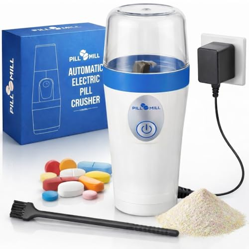 Triturador de Pastillas Eléctrico Compacto de Pill Mill - Pulverizador Electrónico de Polvo Fino, para Medicamentos Pequeños y Grandes, y Tabletas de Vitaminas, Apto para Viajes, con Cepillo Incluido