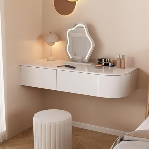 Väggmonterat vitt flytande sminkbord med spegel och lampor, hörnbyrå, skrivbord, litet sminkbord i trä med hylla för sovrum, kompakt platsbesparande design