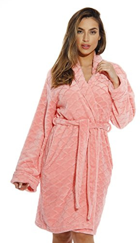 Just Love Women's Plush Fleece Bathrobe, Shawl Collar Jacquard Robe with Tie Belt, Coral, Large