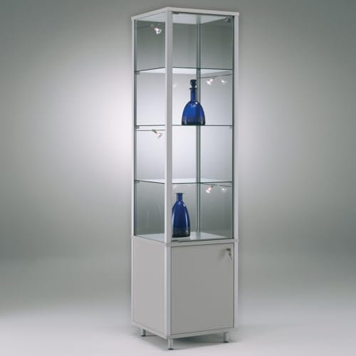 MHN Glasvitrine mit Rollen T 41,5 x B 41,5 x H 183 cm - schmale Ausstellungs-Vitrine mit Unterschrank abschließbar - Glas Vitrinenschrank ohne Beleuchtung