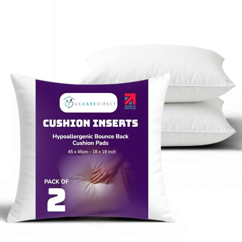 UK Care Direct Pack of 2 Cushion Inserts 45cm x 45cm - 18 x 18 Cushion Insert - White Square Cushions, Hypoallergenic Cushion Inner - Bounce Back Cushion Pads for Sofa & Couches, Bedroom - Pack of 2