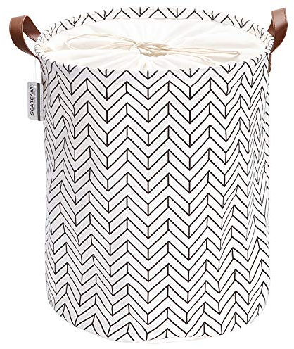 Sea Team Panier à Linge Panier à Linge en Tissu Toile Corbeille de Rangement Pliable avec poignées en Cuir PU et Fermeture à Cordon, 19,7 x 15,7 Pouces, intérieur étanche