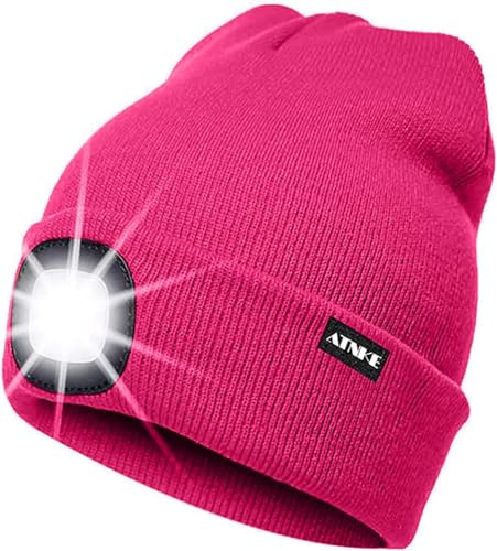ATNKE LED Cappello Illuminato Berretto,USB Ricaricabile Cappello da Corsa 4 LED Impermeabile Luce Invernale Calda Lampada Frontale Regali per Uomo e Donna/Rose Red