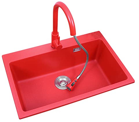 Red Granite Kitchen Sink Single ​Bowl ​ Built-in Undercounter Wash Basin Household Quartz Stone Bar Sink for Kitchen Bathroom Cloakroom Balcony Laundry(D,68x46cm)