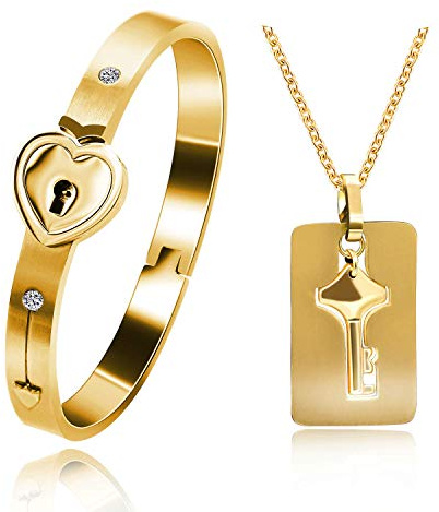 Tobestu Pulsera de titanio chapado en oro rosa a juego para parejas con candado de corazón y collar con colgante de llave para hombres y mujeres, Oro Acero aleado Metal Acero inoxidable, Circonita