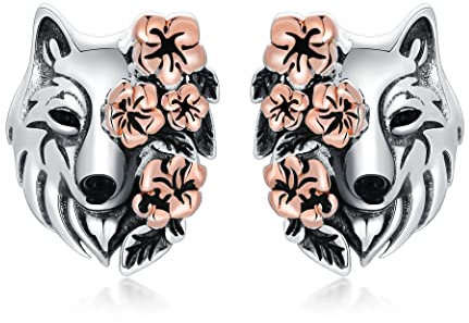 Wolf Ohrringe 925 Sterling Silber Heulender Wolf Kopf mit Blume Ohrstecker Nordische Wikinger Schmuck Geschenke für Frauen Mädchen