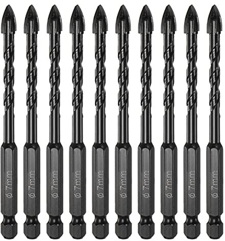 sourcing map 10 brocas de mampostería, broca de hormigón de 7 mm, vástago hexagonal de 1/4 pulgadas, punta de carburo para ladrillo, vidrio, plástico, espejo de pared, color negro