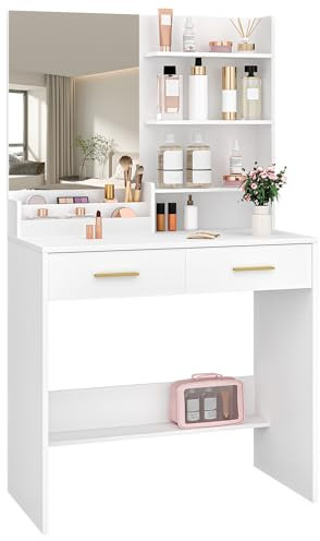 Hzuaneri Schminktisch mit Spiegel, Schminkkommode mit 4 offenen Ablagefächern und 2 Fächern, Schminktisch mit 2 Schubladen, für Schlafzimmer, Wohnzimmer, Weiß VT08003X