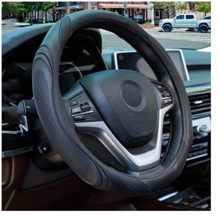 JNNJ Car Leather Steering Wheel Cover, Sport Universal 37-38cm Steering Wheel Cover, Steering Wheel Cover Breathable, Sweat Absorbent, Anti Slip, Protective Car Interior Accessories(Black)