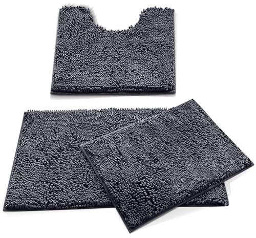 MEGAROOM Non Slip Chenille Bath Mat Sets 3 Pieces - Soft and Anti Mould Bath Mats for Safety and Comfort - Water Absorbent and Quick Drying - Bathroom Carpet Set with U-Shaped Toilet Mat（Dark Grey）