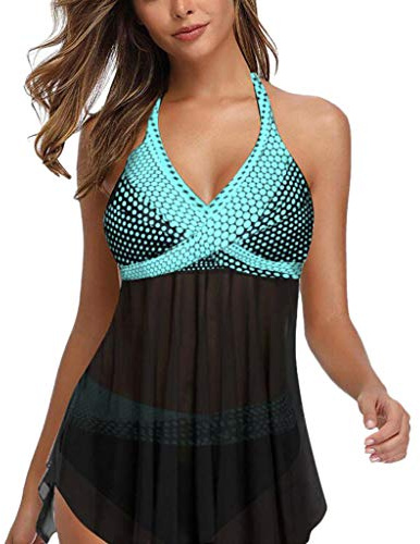 Maillot de Bain Femme 2 Pieces Col V Push Up Rembourré Haut de Tankinis Jupette Une Pièce avec Short intégré Swimsuit